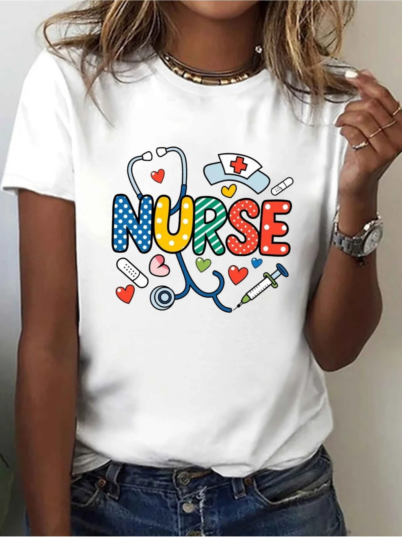 Women's Polka Dot Fantasy Nurse Pattern T-Shirt, Short-Sleeved Round Neck Casual Top, Featuring Themed Illustrations, Lightweight and Durable Fabric, Fun Prints, Suitable for the Healthcare Industry
