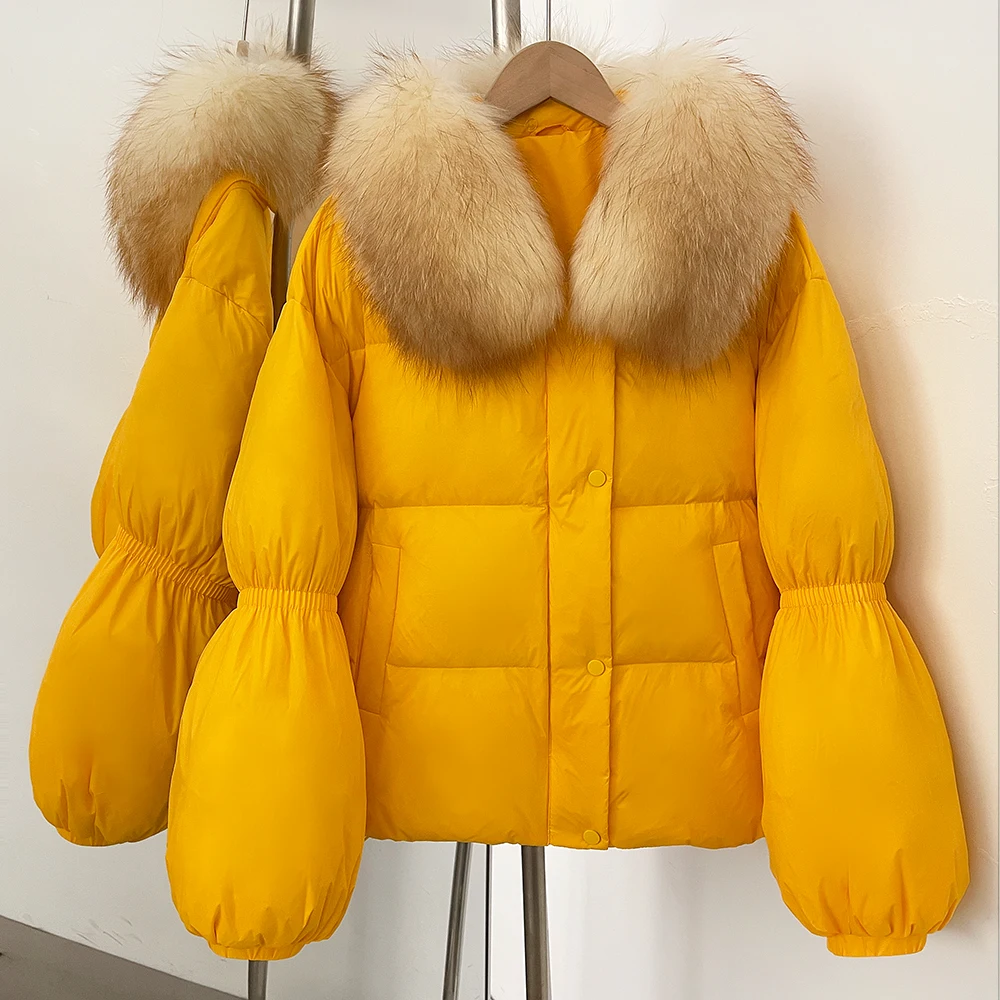 Manteau en duvet femme Parka vêtements d'extérieur Vintage blanc canard vers le bas manteau véritable fourrure de renard veste 2025 lâche dames hiver femmes court chaud
