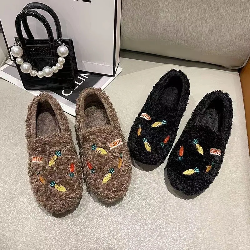 Plush Flat Shoes Fury Shoes for Women Winter Warm Shoe Non slip Soft Bottom Shoe Soybean Shoes Casual Shallow Fitting Shoes