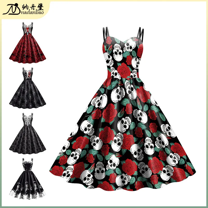 Women's Halloween New Style Strap Skeleton Skull Head Digital Print Dress Women