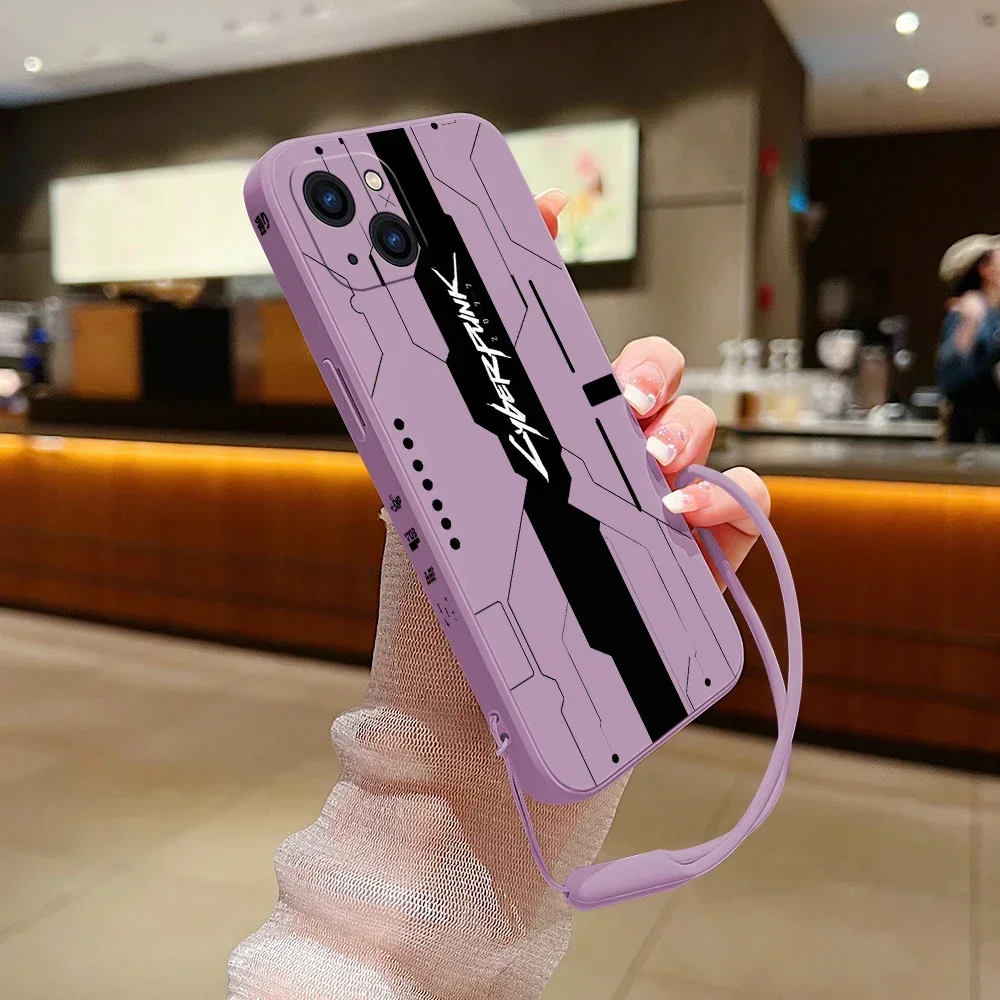 Cool Phone Case C-Cyberpunks For iPhone 15 14 13 12 11 Pro Max Mini X XR XS MAX SE 6 6S 8 7 Plus  Silicone Cases with Hand Strap