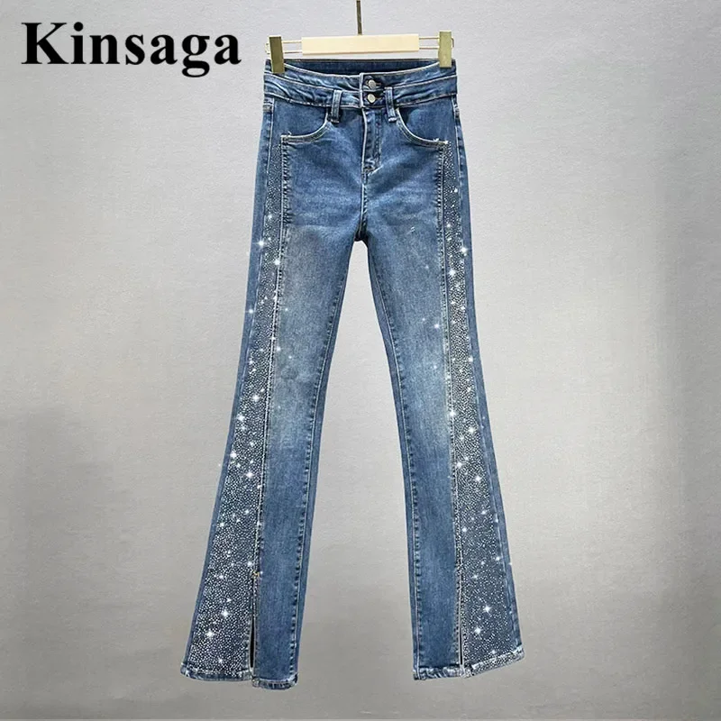 

Trendeez Button Up High Waist Boot Cut Women Street Y2K Retro Stud Rhinestone Flare Jeans Slit Wide Leg Micro Flared Demin Pants