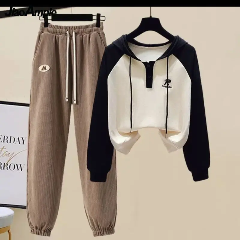 2024 Winter New Fashion Plush Warm Sportswear Suit Women\'s Korean Loose Color Contrast Hooded Sweater Chenille Pants Two-piece