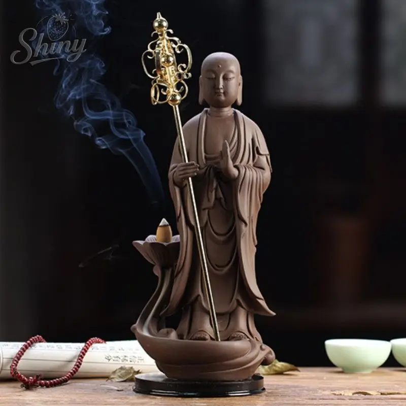 

Purple Clay Jizo Bodhisattva Buddha Statue Reversing Incense Burner Home Creative Interior Decorations Ornaments Home Decor
