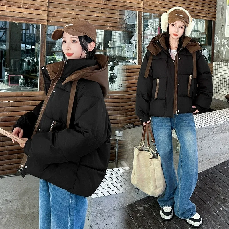 Women's Winter Parka Coat 2025 Casual Korean Lady Outerwear Thicken Colour Matching Hooded Ladies Down Cotton Jacket Overcoat
