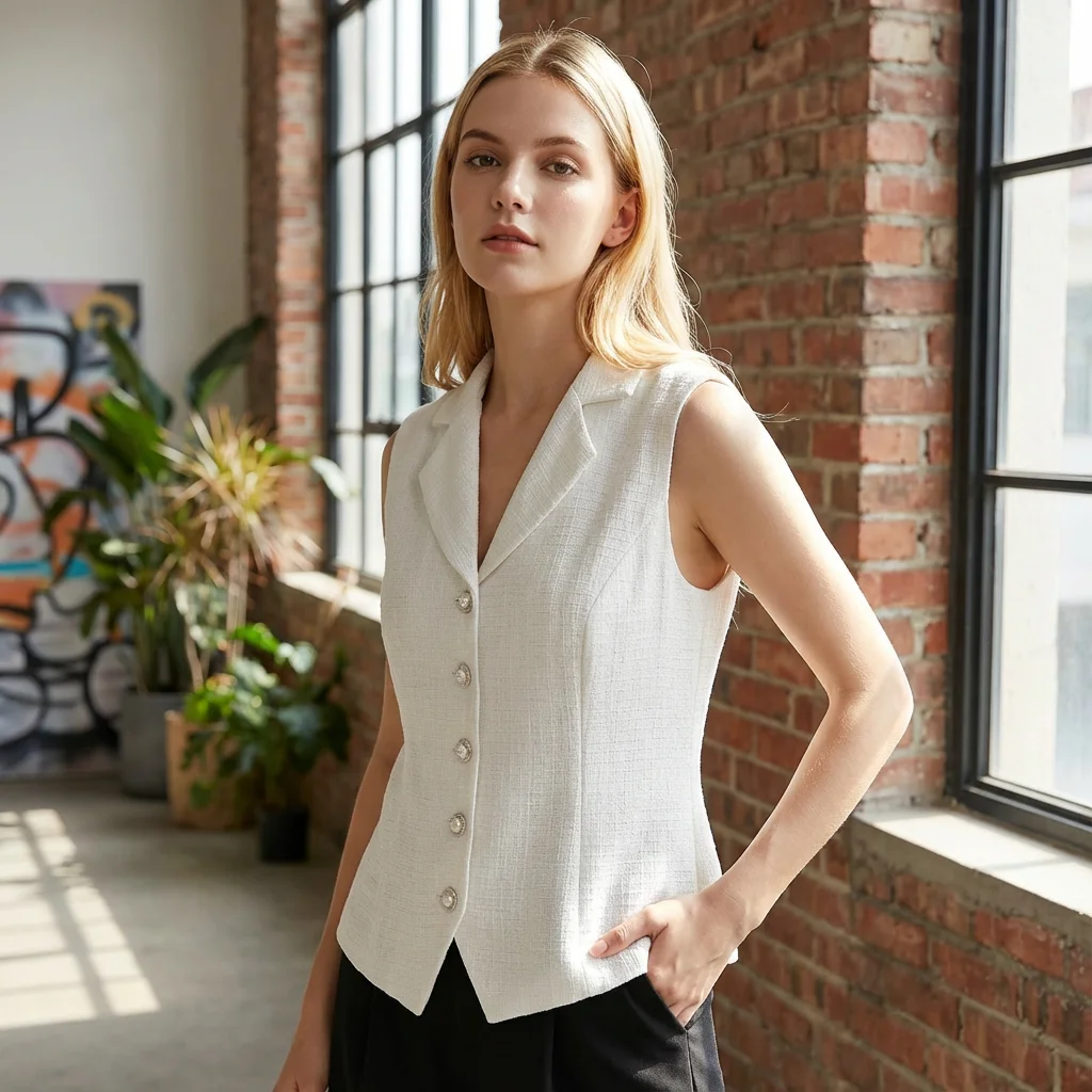 سترة تويد بيضاء أنيقة للنساء، سترة بدون أكمام على الطراز الكوري مع أزرار لؤلؤية أنيقة، بلوزة للسيدات للمكتب للربيع والصيف #5