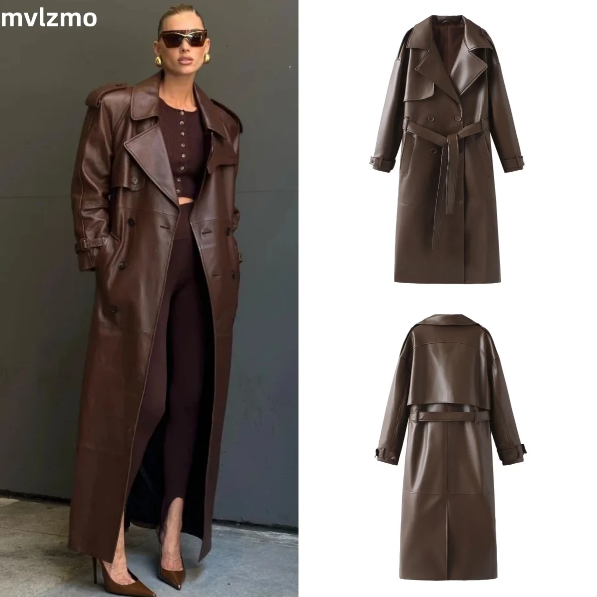 2024 Women New Fashion With Belt Long style Single Breasted Faux Leather Coat Vintage Long Sleeve Pockets Female Outerwear