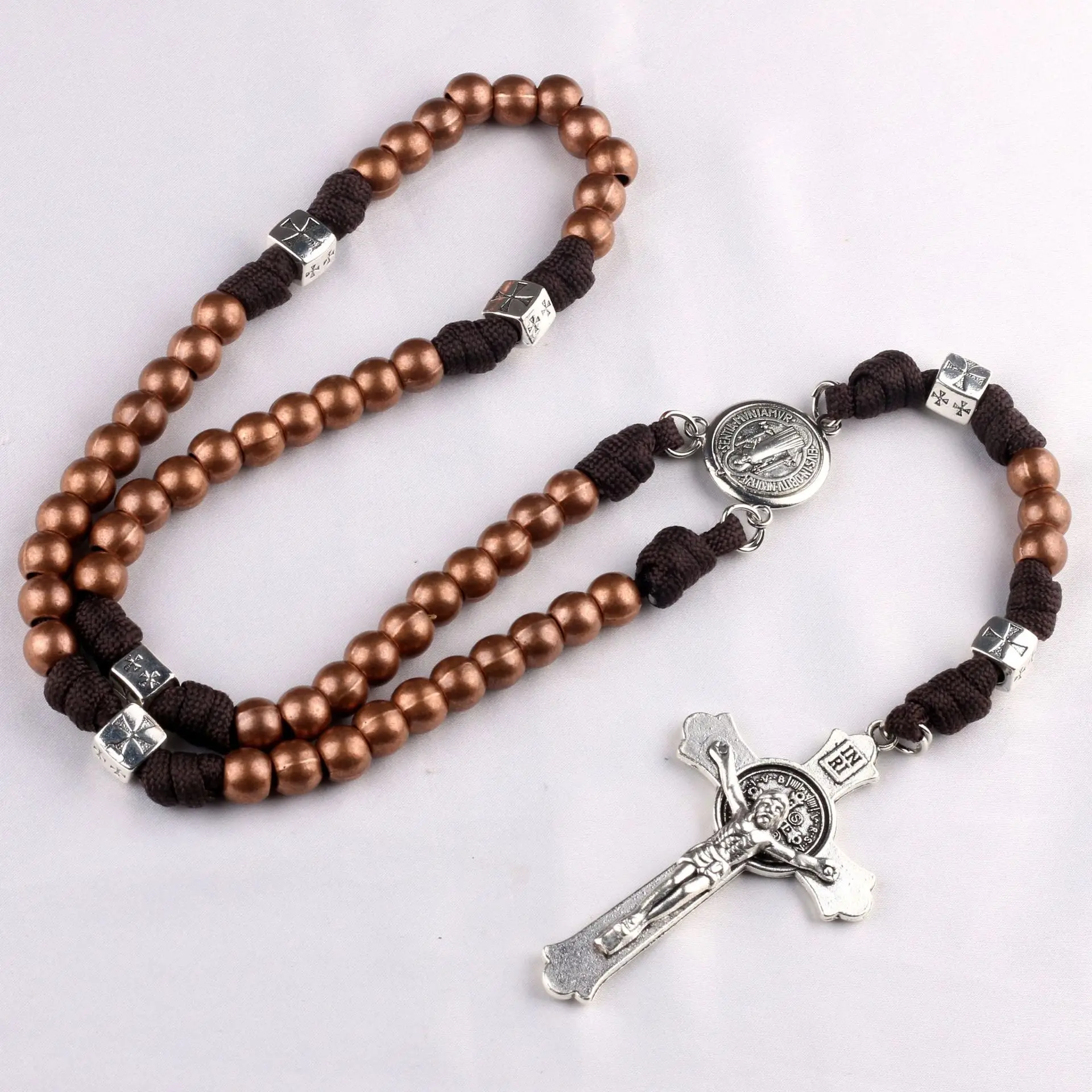 

Gazing JewelVintage Alloy Cross Saint Benedict Pendants Exorcist Men's Braided Rope Cold Wind Prayer Bead Necklace Party Jewelry