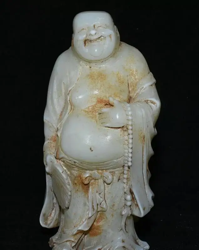 15,2 cm Old Han White Jade Sculpté Happy Laugh Maitreya Bouddha Fan Statue