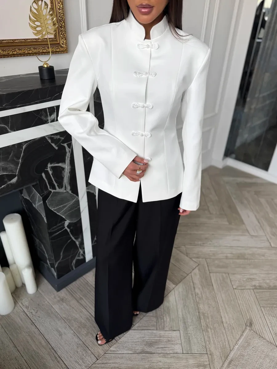 DFDG Women 2026 Spring Summer Chinese Style Blazer Mandarin Collar Frog Button Fitted Waist Long Sleeve Office Outerwear Jacket