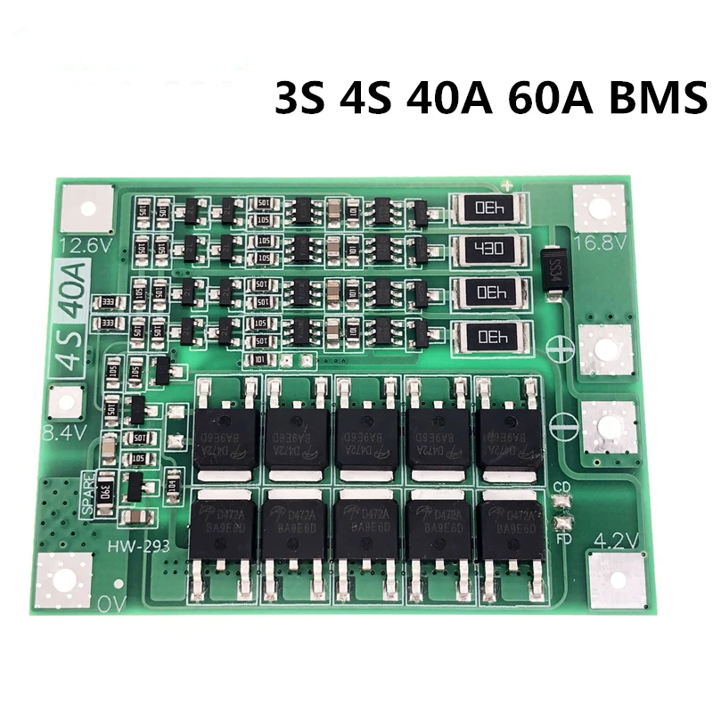 

3S/4S 40A 60A Li-ion Lithium Battery Charger Protection Board 18650 BMS For Drill Motor 11.1V 12.6V/14.8V 16.8V Enhance/Balance