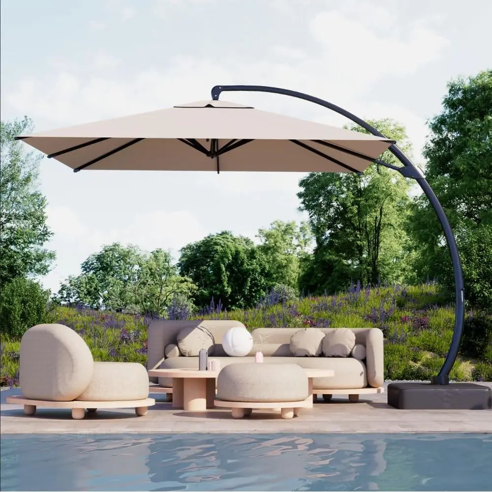 

10x10 Square Cantilever Patio Umbrella with Base, 360° Rotating, Heavy-Duty for Outdoor Pool, Deck, Backyard, Beige