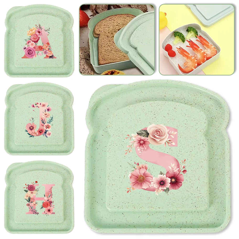 

Large Capacity Sandwich Box Toast Box With Cover Portable Personalized Bread Organizer Pink Rose Initial Name 26 Letters Pattern