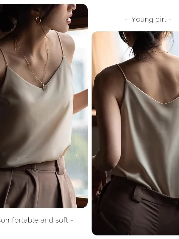 Silk Satin Ice Silk Vest Women's Inner Wear with Chest Pad No Bra Needed Backless Suit Top Small Strap V-Neck Loose Fit