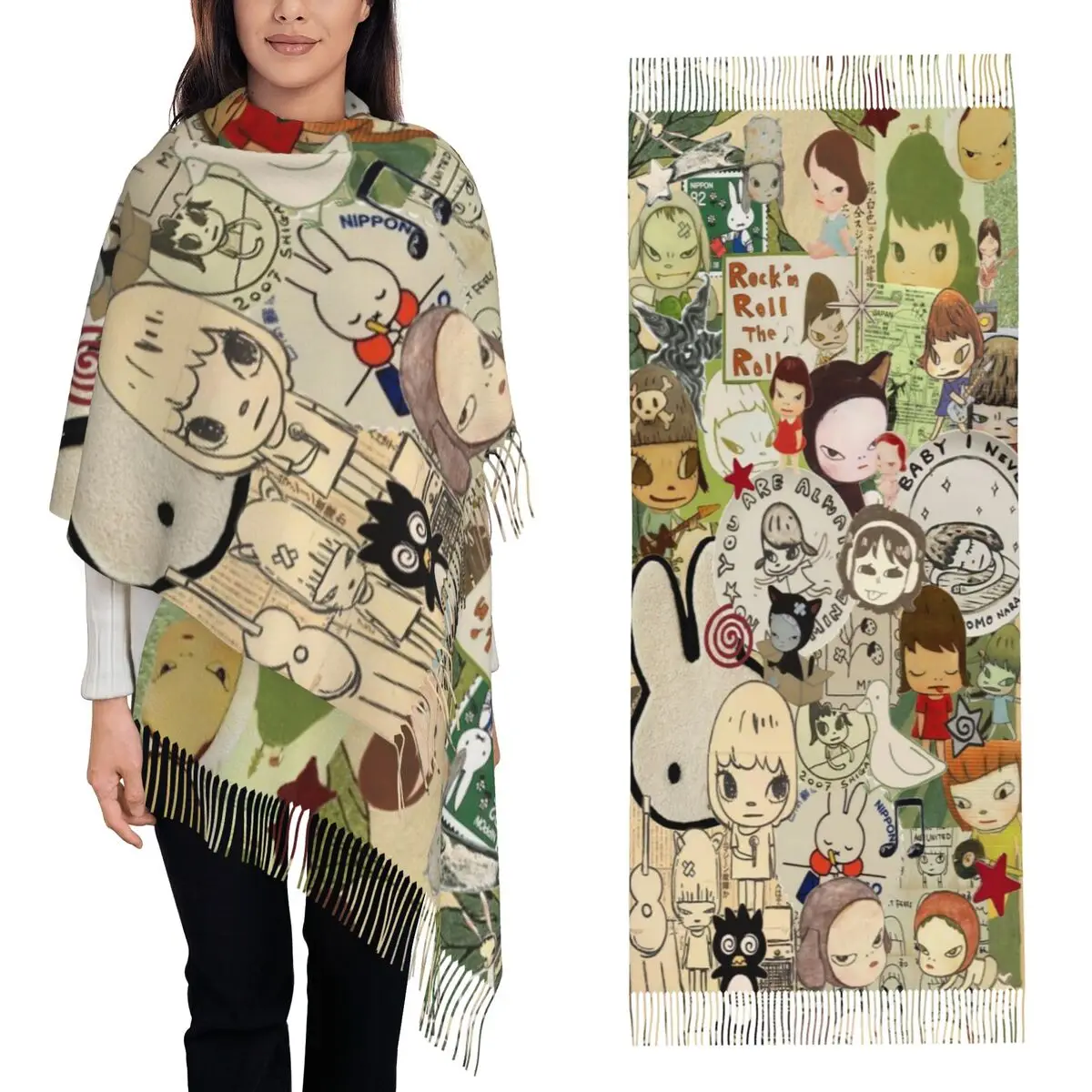 Funny Yoshitomo Nara Scarf Tassel Scarves Women Soft Warm Shawls and Wraps Large Fall Winter Shawl Wrap