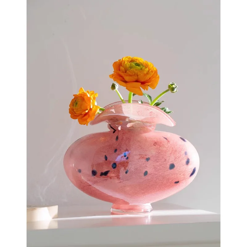French Middle Ancient Light Luxury High-level Sense of Pink Tabletop Flower Arrangement Glass Vase Decoration