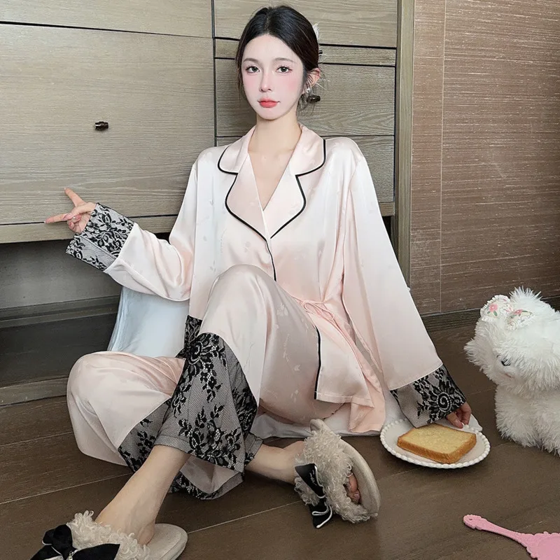 Luxury V-neck Fall New Nightgown Woman Ice Silk Lace High Quality Chic Sweet Jacquard Yarn Sleeve Smooth Two-piece Pyjamas Sets