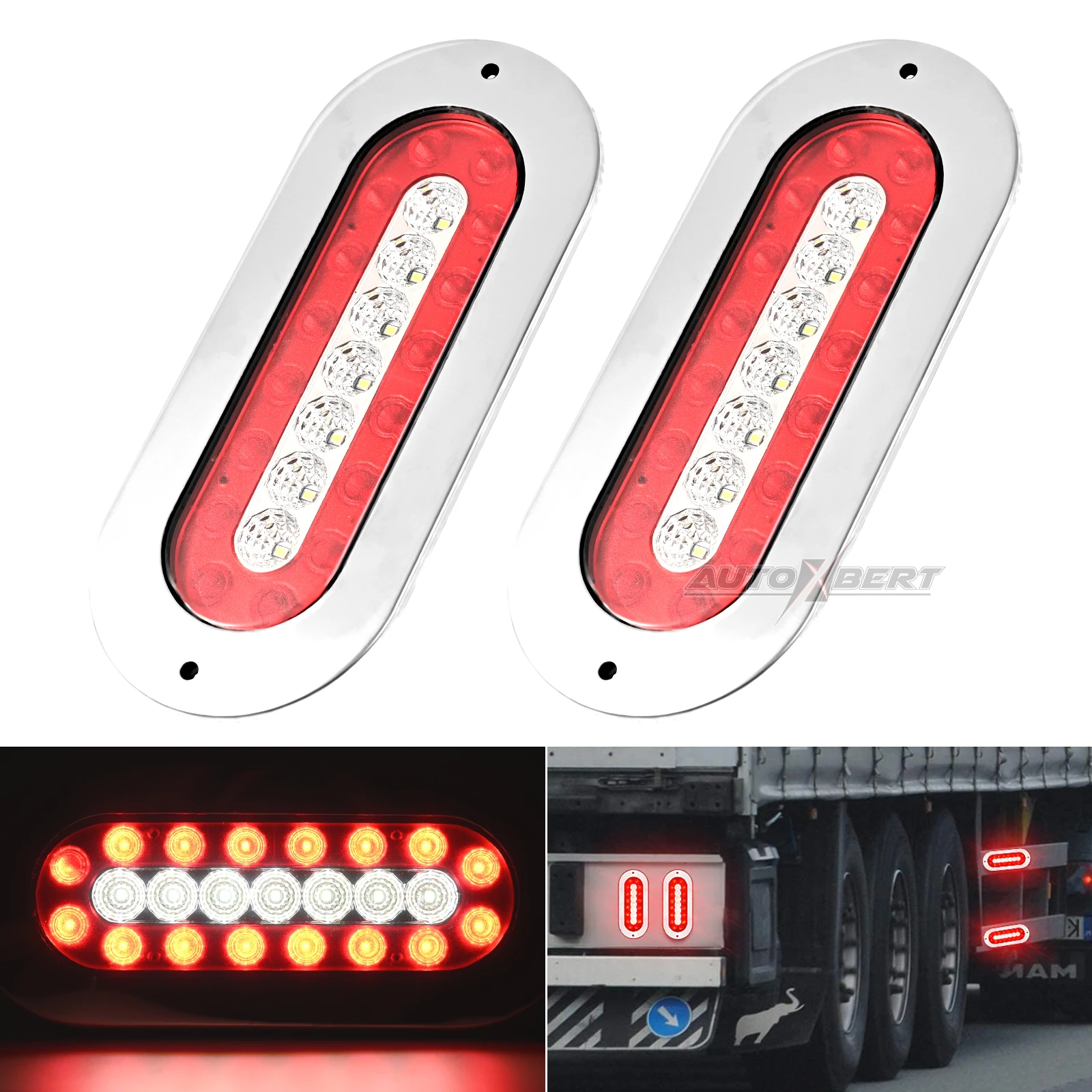 

2pcs 6.5'' Oval 12V 23 LED Red White Tail Reverse Backup Fog Chrome Steel Brake Rear Stop Running light Trailer Truck RV Caravan