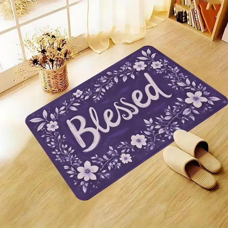 2026 Doormat Blessed Purple Floral Welcome Mat Non Slip Front Door Rug Indoor Outdoor Washable Entrance Floor Mat Home Decor