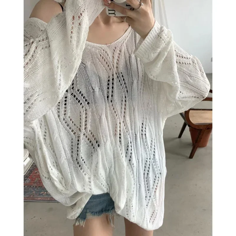 2024 White Knitted Sweaters Women Summer Oversized Sexys Mujer Hollow Out Crochet Top Long Sleeve Sunscreen Korean Fashion