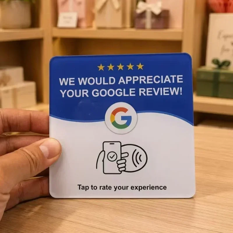 2026 Re‑writeable NFC Google Review Tag Self‑Adhesive PVC Card Round Square Desktop Plate for Store Rating Collection
