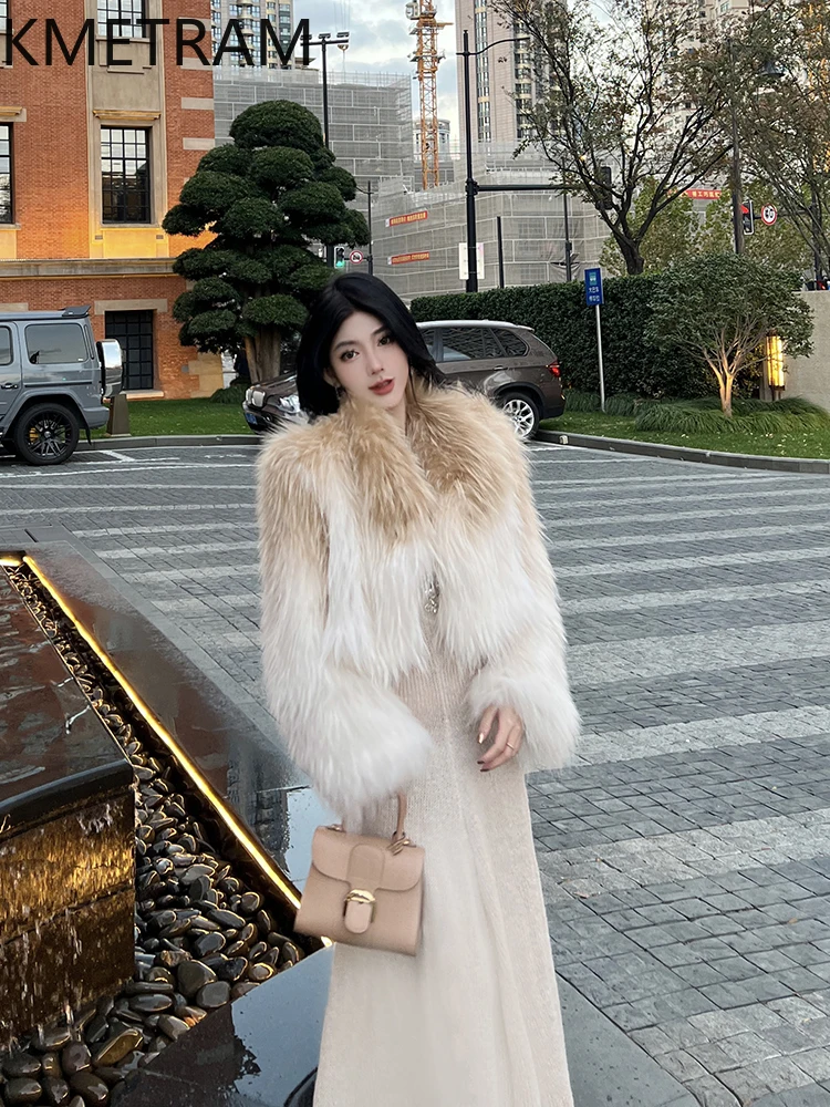 KMETRAM معاطف فرو الكلب الراكون الطبيعي 100% ملابس أنيقة متدرجة للنساء 2025 سترة شتوية قصيرة للنساء