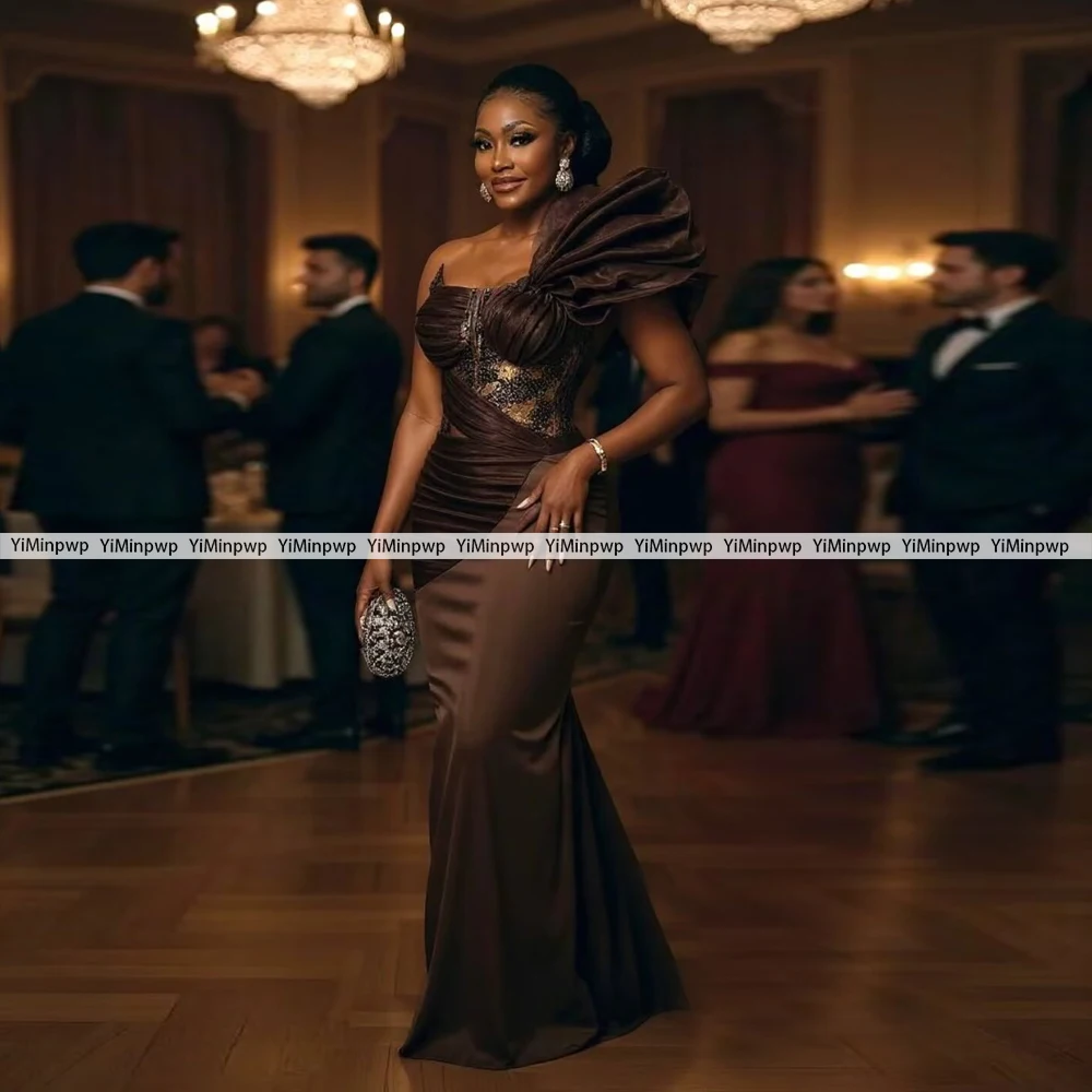 Aso Ebi Brown Evening Dresses for Women One Shoulder Pleats Africa Wedding Party Gowns Long Formal Occasion Dress Customized image 6