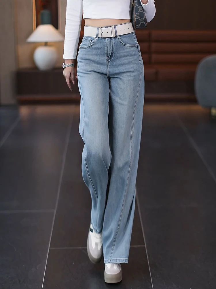 

Женские джинсы с высокой талией и широкими штанинами, весенне-осенние, прямые, облегающие, повседневные, из хлопка и полиэстера