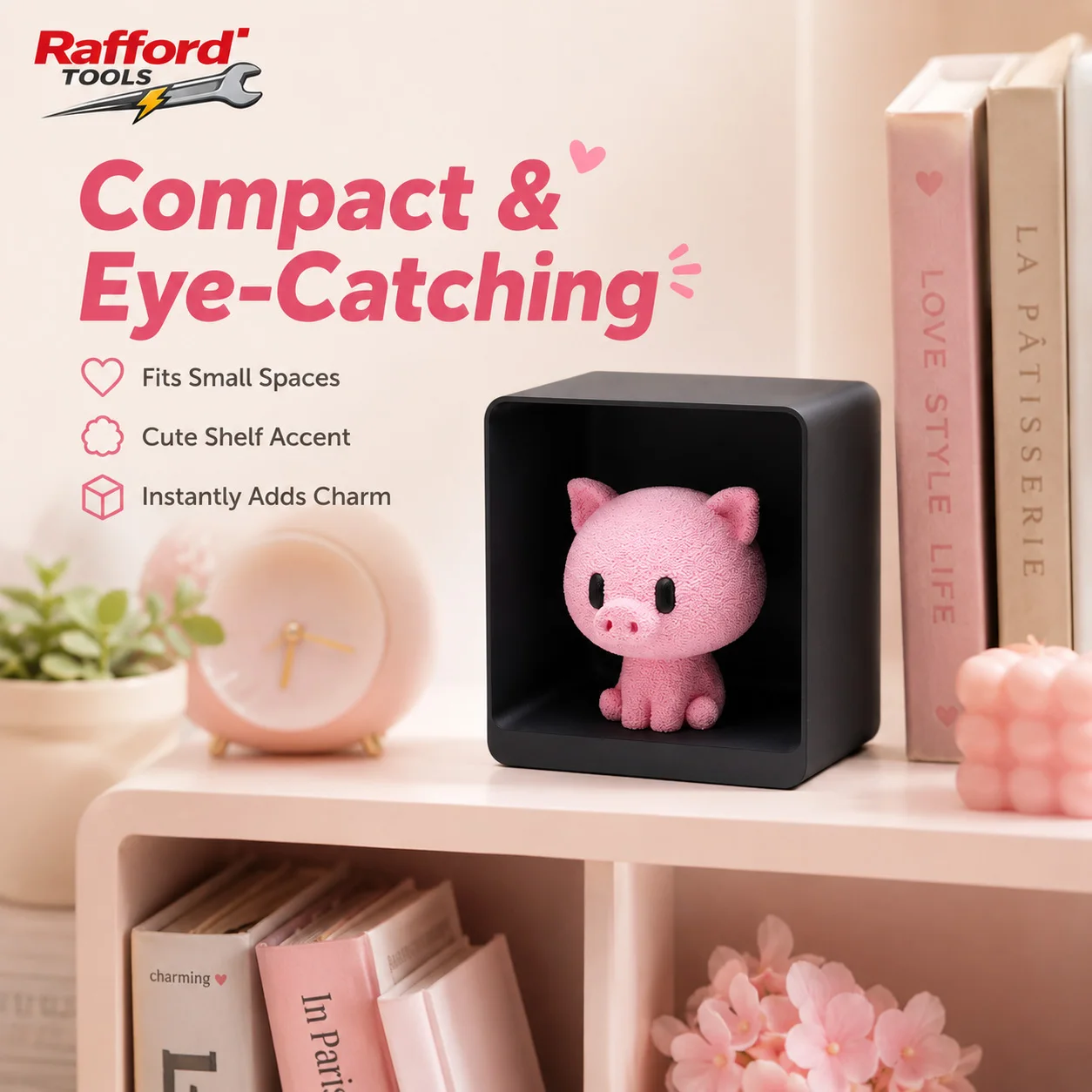 Rafford Cute Flocked Pink Pig Figurine with Display Box, Adorable Desktop Ornament for Home, Office, Shelf Decor & Gifts