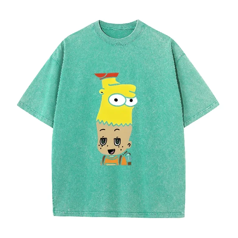 Mashup Cartoon Bart Simpson Print Vintage Washed T-Shirt Schwarz Casual Streetwear – Detail 8