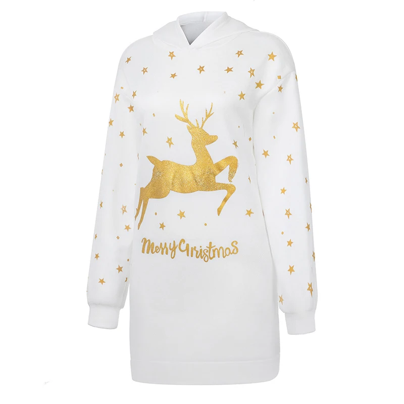 White Snow Print Pockets Sweatshirts Women Autumn Winter Long Hoodies New Casual Black Christmas Roupas Feminias Black Green Red