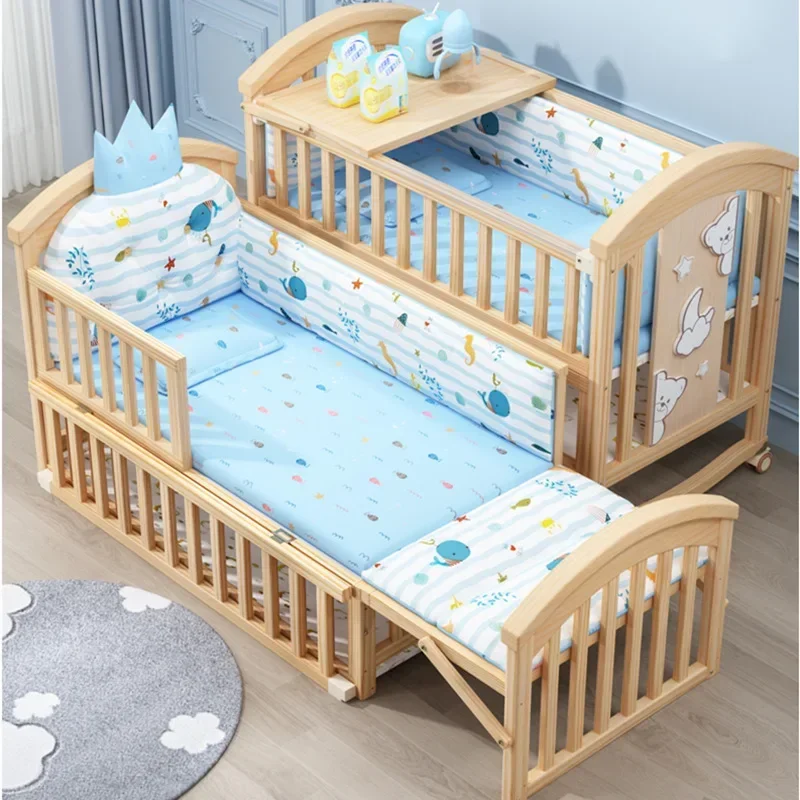 Babybedje Multifunctioneel BB-babybed Massief hout Ongeverfd schommelbed voor pasgeborenen, beweegbaar gesplitst groot kinderbed