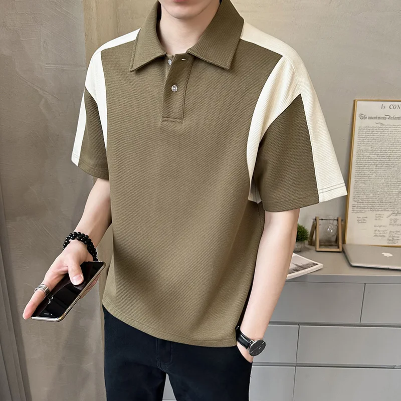 

2024 Short Summer Men's Trend Splice Pan Shuai Half Shirt All-match Easy Heavy Leisure POLO Shirt Men