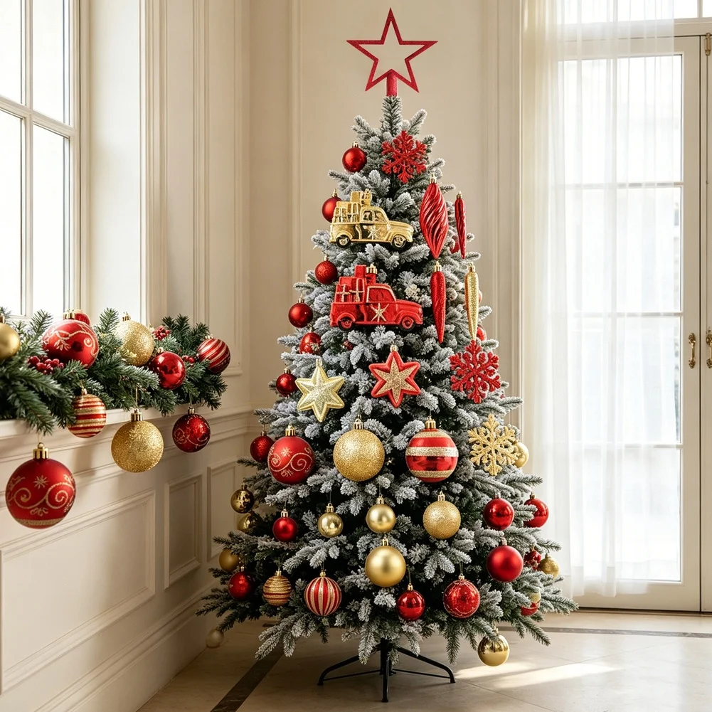 For Red Gold Christmas Ball Ornaments Set 102 PCS Plastic Tree Decorations Assorted Styles Hand Painted Indoor Outdoor Hanging