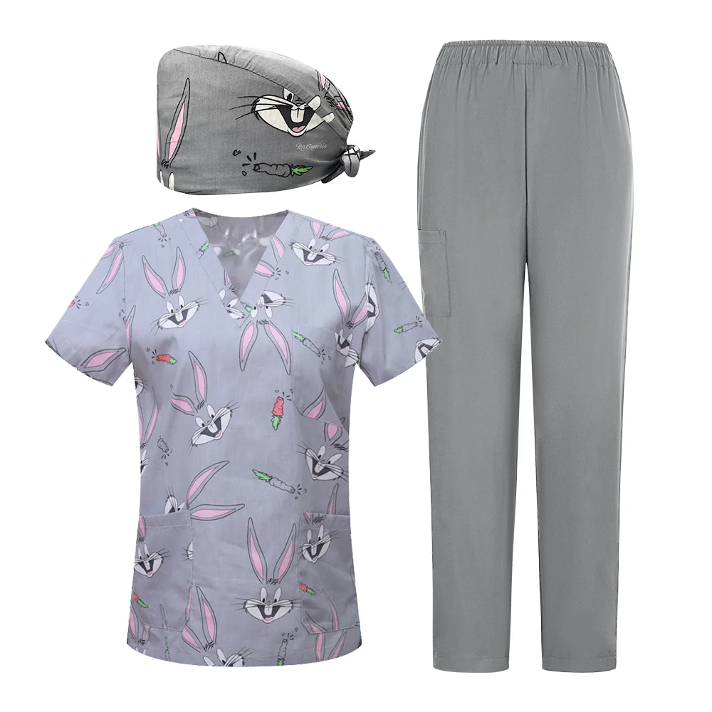 زي ممرضة الصيدلة بأكمام قصيرة، ملابس عمل لمستشفى الحيوانات الأليفة، زي جراحة الأسنان، بدلة مكونة من ثلاث قطع مطبوعة برسوم كرتونية طبية