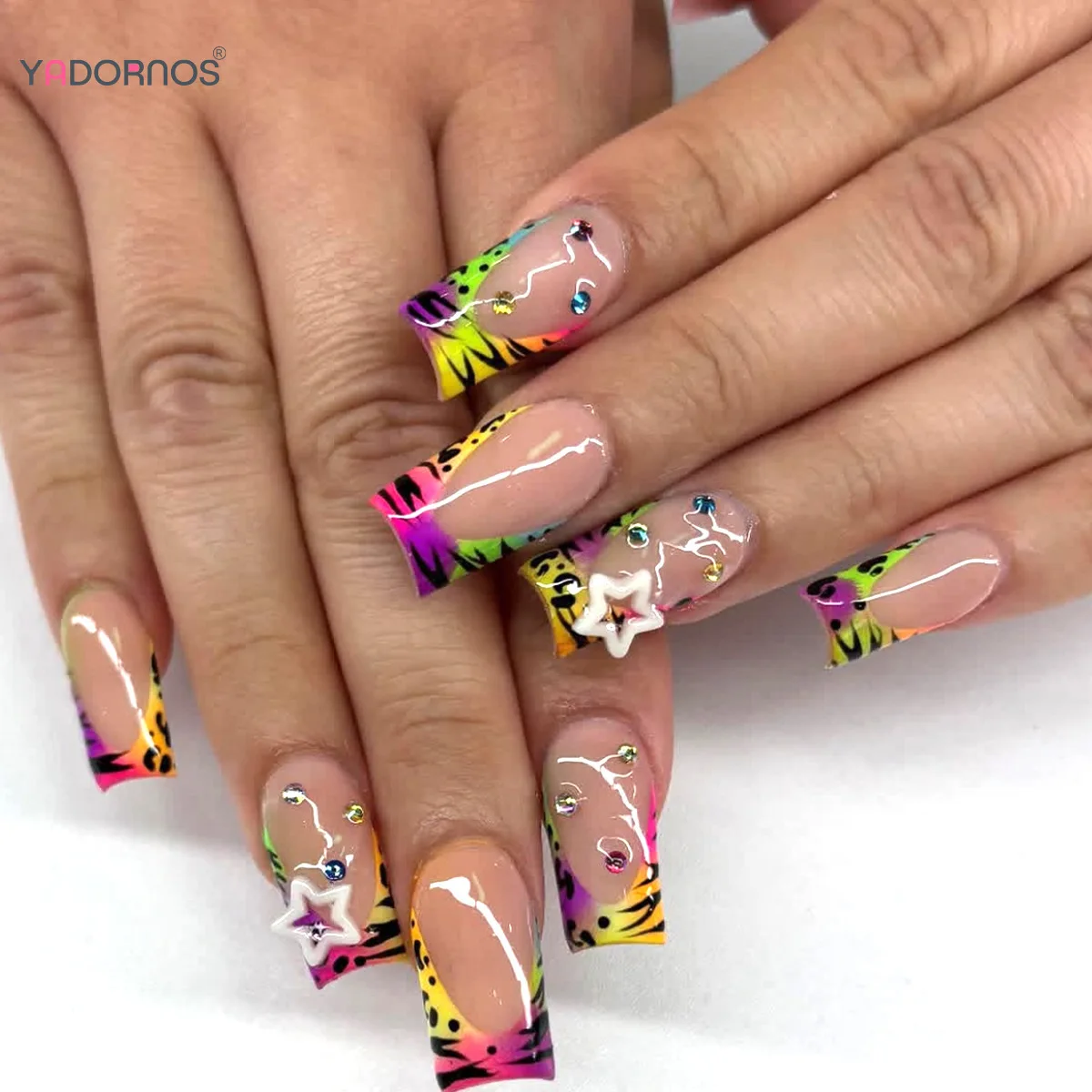 24pcs Y2k White Stars Press On Nails Colorful Gradient French Style Zebra-printed False Nails Sweet Cool Spicy Girls Fake Nail