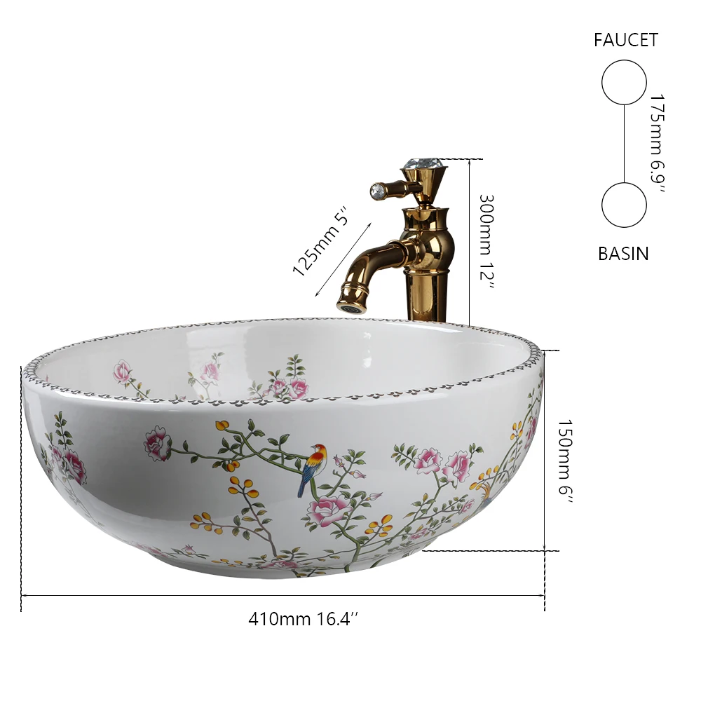 Bathroom Vessel Sink Modern Art Flower Shape Ceramic Sink Bowl Counter Top Bathroom Sink Waterfall Faucet and Pop-up Drain Combo