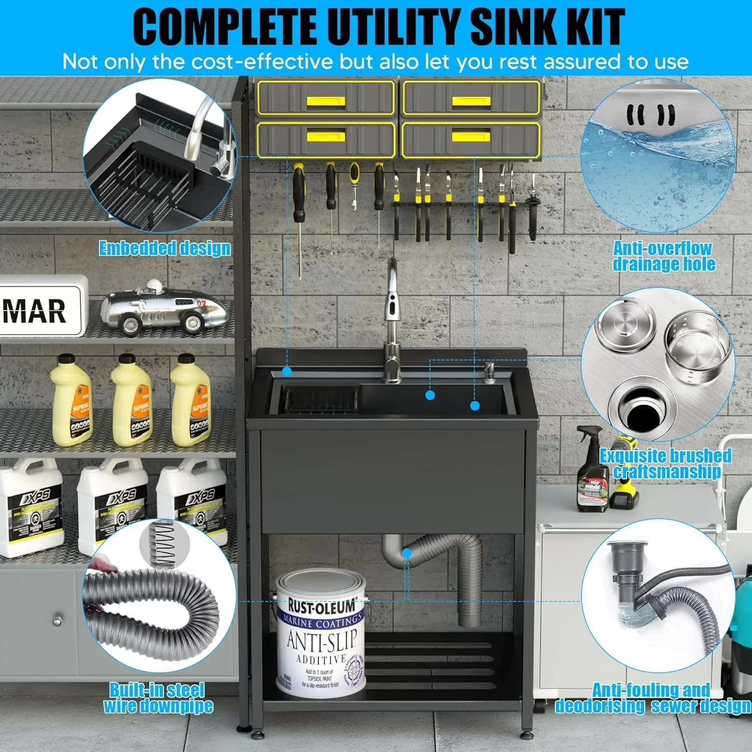 【期間限定セール！】 ステンレス製ユーティリティシンク、30.8インチ×22インチ×39.5インチ自立型シンク、冷温水蛇口付き