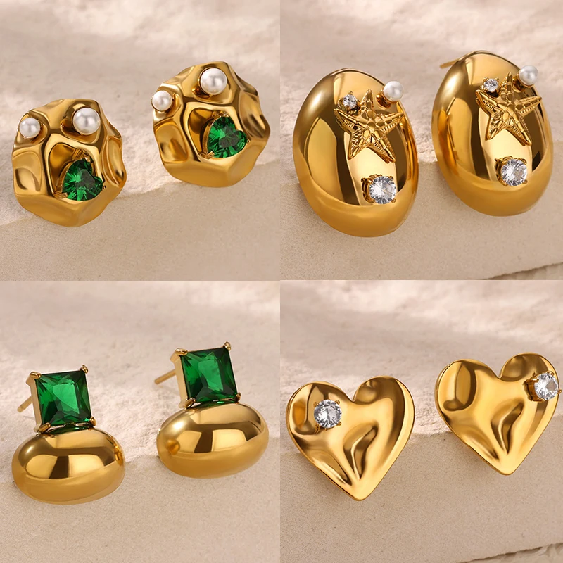 

Green Square Zircon Earrings for Women Stainless Steel Gold Color Geometric Heart Earrings 2025 Trend Piercing Weddding Jewelry