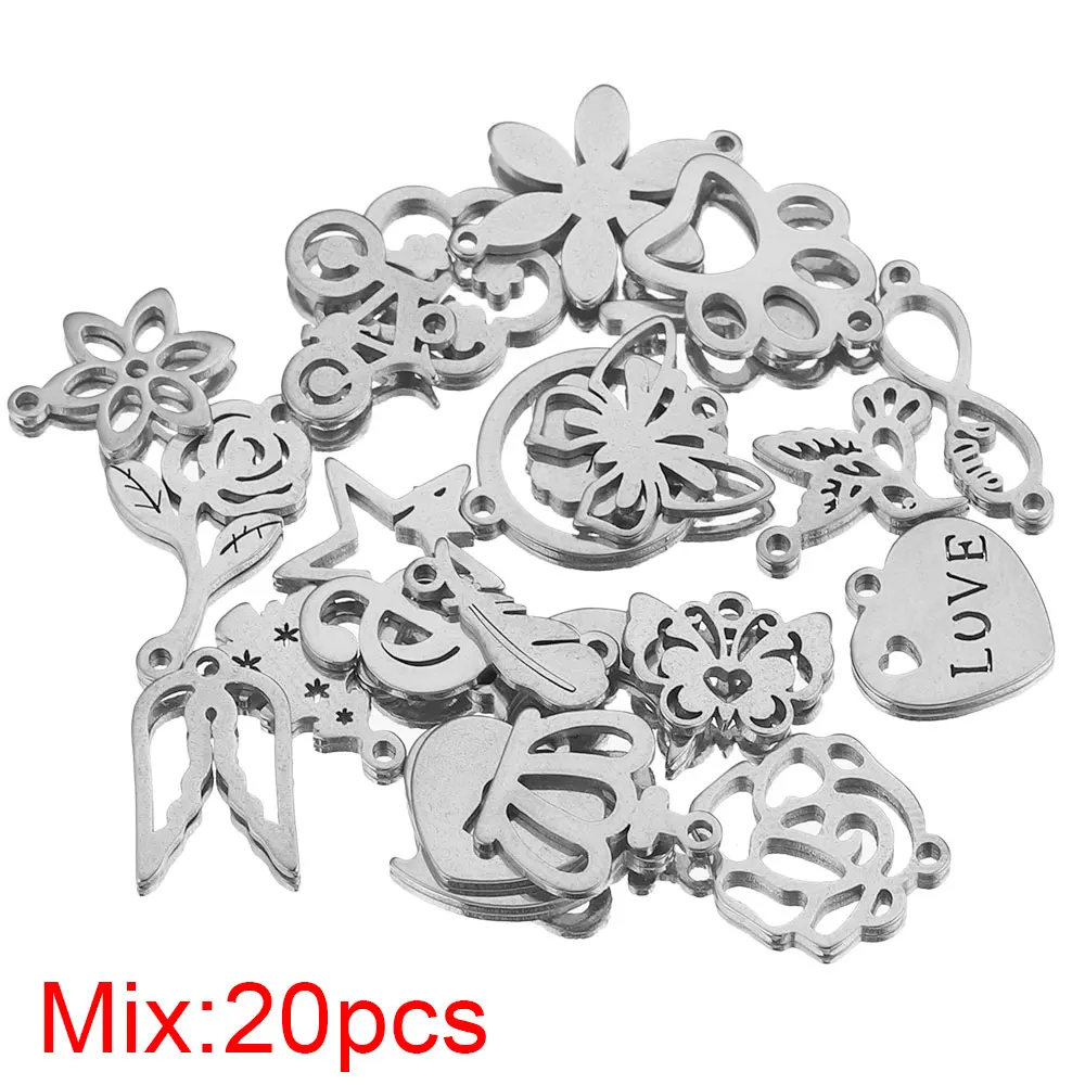 Breloques en acier inoxydable, 20 pièces/lot, mélange de bijoux exécutifs, couronne, plume, papillon, clé, petit cuir chevelu, connecteurs,