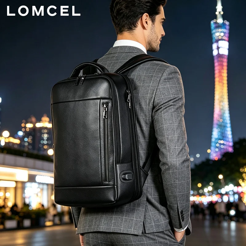 LOMCEL 52 Simple Men's Leather Dual-Shoulder Bag - Business Fashion Large Capacity 16-Inch Computer Lacquer Pattern USB Backpac