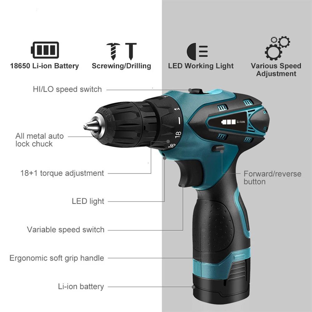 12V 16.8V Electric Cordless Screwdriver Rechargable Driver Drill Wireless Impact Drill Hand Drill Home Improvement Power Tool