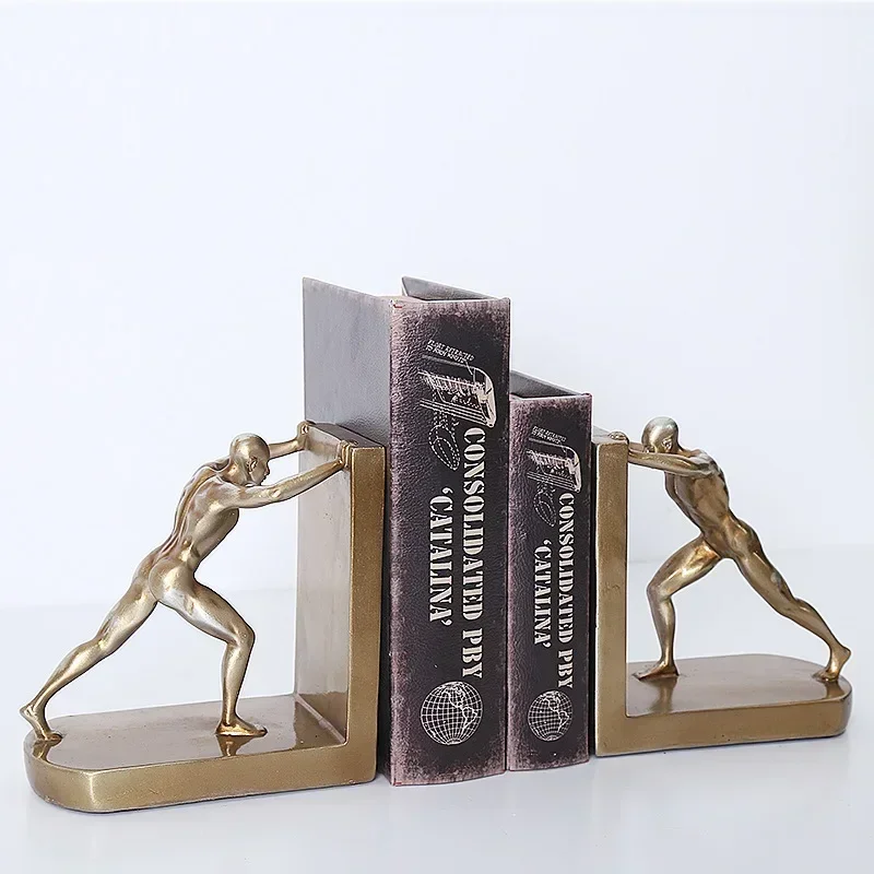 1 Pair Decorative Book Shelf Bookends, Golden Man Pushing Book Support Ornaments Resin Craft for Home Cabinet