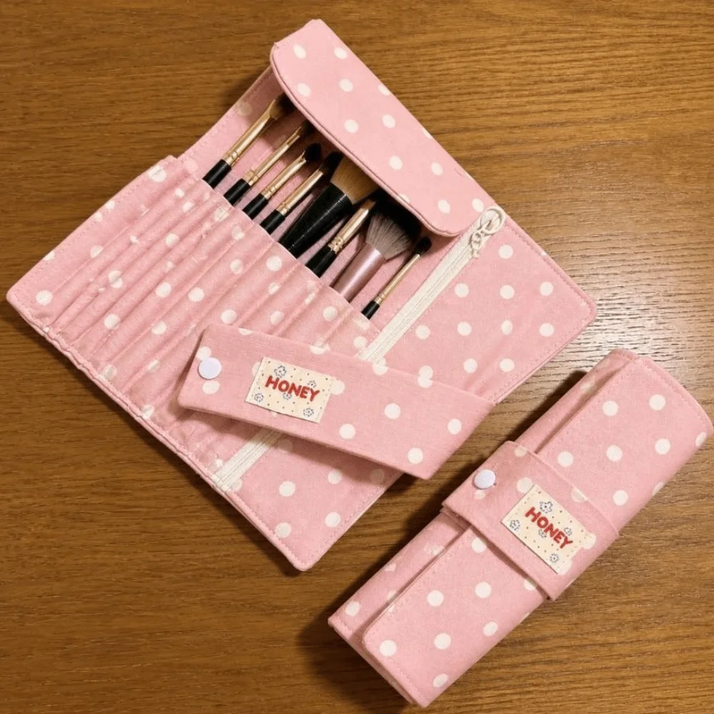 Polka-Dot Makeup Brush Roll Pouch 10-Slot Roll-Up Cosmetic Brush Organizer Fabric Lightweight Makeup Brush Bag Travel Storage