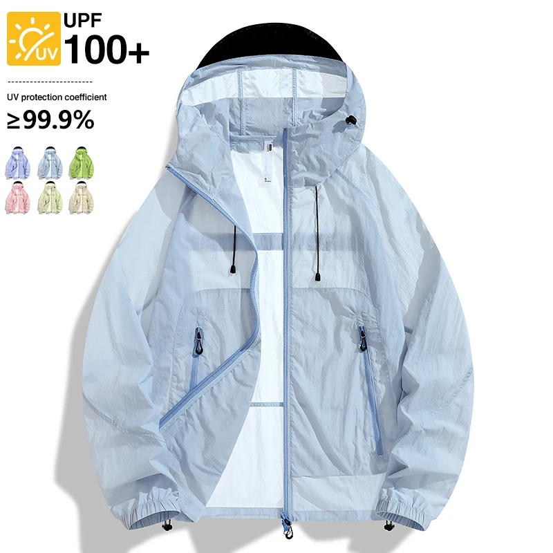 

UPF100+ Sun Protection Clothes Nylon Quick-drying Thin Ice Silk Skin Jacket Men Women Outdoor Anti-UV Sunshade Hooded Coats