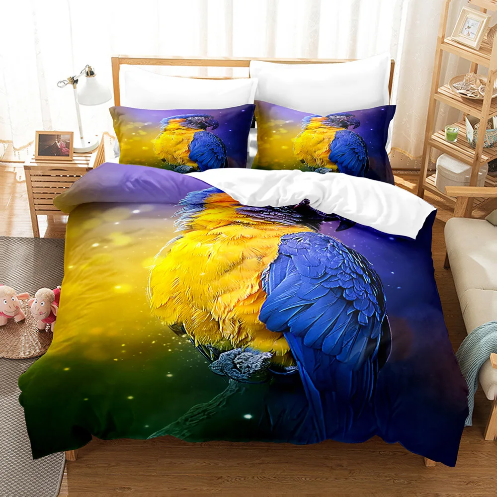 Set biancheria da letto ara King/Queen Size Copripiumino colorato pappagallo Bambini Ragazzi Copripiumino in poliestere con piante verdi tropicali