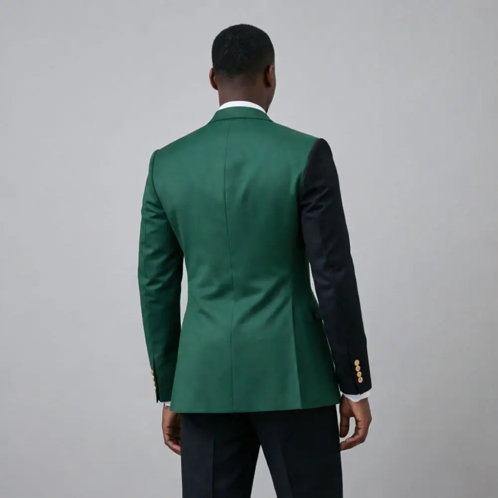 Mens Green Black Contrast Color Suits Slim Fit Double Breasted 2 Pieces Wedding Tuxedo Flap Pockets Cuff Buttons Office Wear