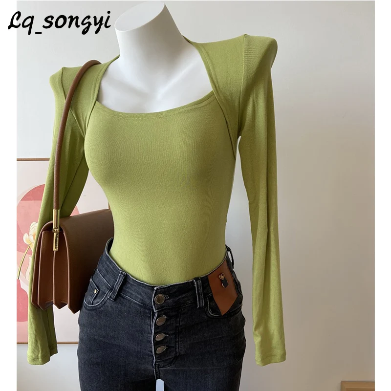 

Lq_songyi Spring Square Neck T Shirts Women Elegant Sexy Top Long Sleeve Tops Vintage High Strecth Solid Slim Thin T Shirt