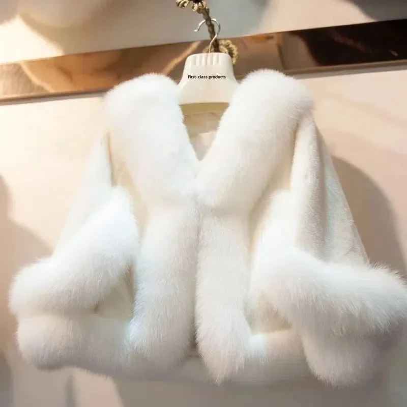 

Женское пальто из лисьего меха, свадебное платье, стильная шаль, высокое качество, искусственный лисьий мех, модный и элегантный наплечник с рукавами
