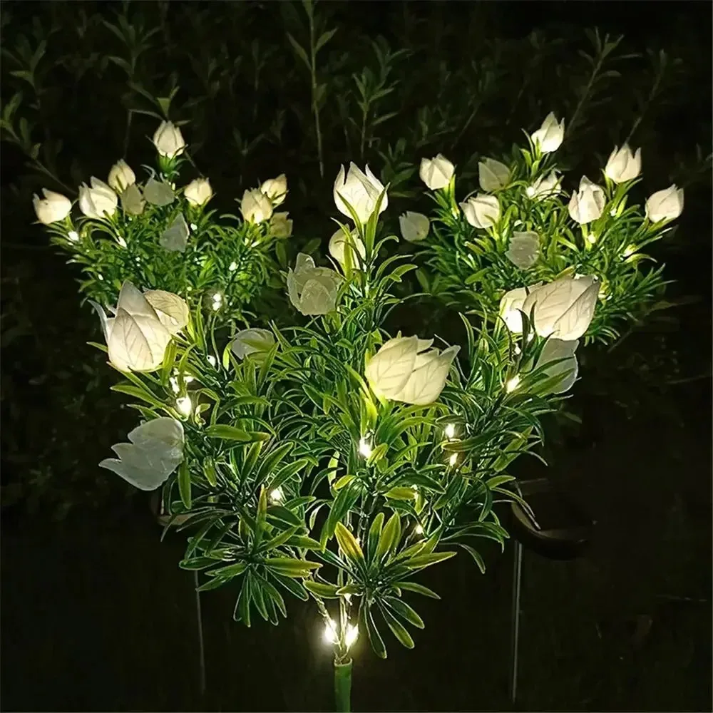 Outdoor Solar Flower Light 7 Bulb Gardenia Branch Stake For Garden Border Walkway Lawn Courtyard And Patio Decor